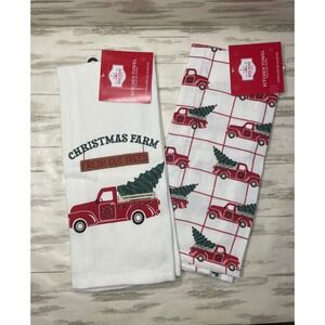 Holiday Time Christmas Farm Fresh Cut Trees Red Truck Kitchen Towels Set of 2